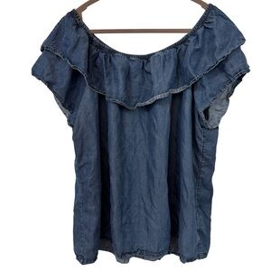 Westbound Chambray Denim Lyocell Ruffle Off-Shoulder Blouse Western Flowy Boho